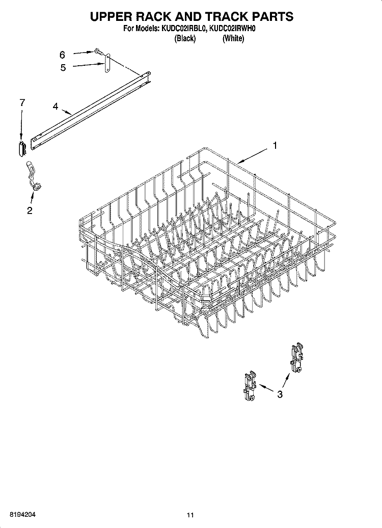 UPPER RACK AND TRACK PARTS Diagram and Parts List for KUDC02IRBL0  KitchenAid Dishwasher
