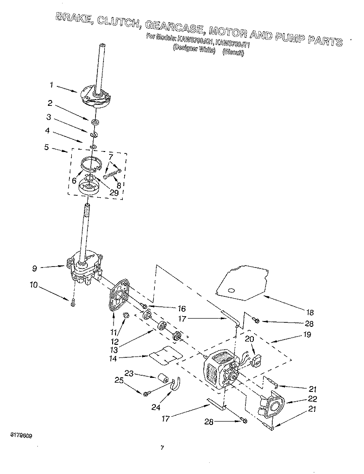 BRAKE, CLUTCH, GEARCASE, MOTOR AND PUMP Diagram and Parts List for KAWS700JT1  KitchenAid Washer