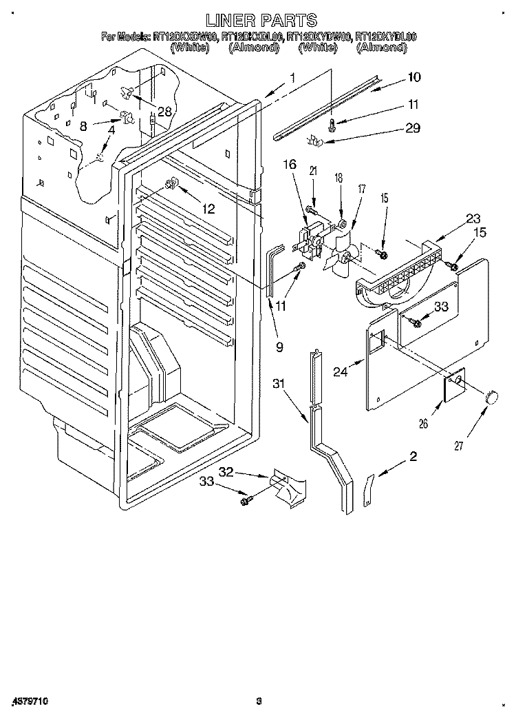 LINER Diagram and Parts List for RT12DKXDW00  Roper Refrigerator