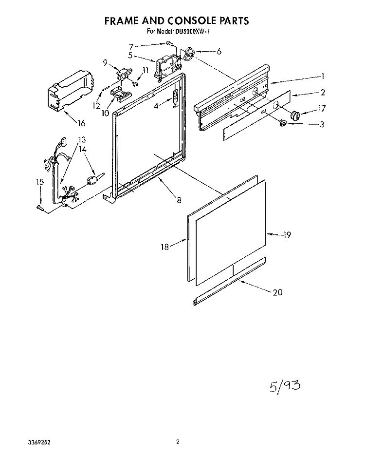 FRAME AND CONSOLE Diagram and Parts List for DU5000XW1  Whirlpool Dishwasher