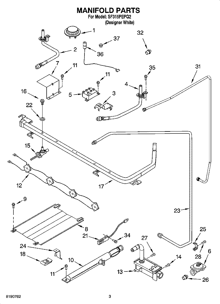 MANIFOLD PARTS Diagram and Parts List for SF315PEPQ2  Whirlpool Range