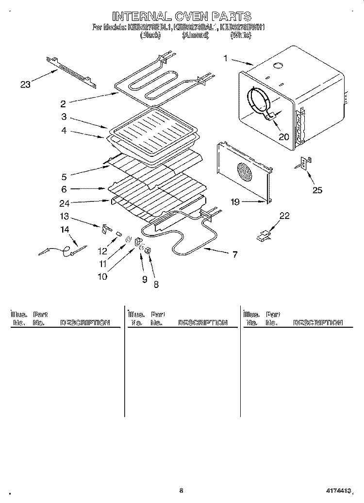 INTERNAL OVEN Diagram and Parts List for KEBS278BWH1  KitchenAid Wall Oven