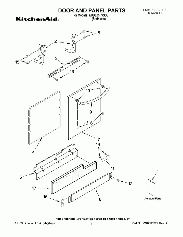 DOOR AND PANEL PARTS Diagram and Parts List for KUDL03FVSS3  KitchenAid Dishwasher