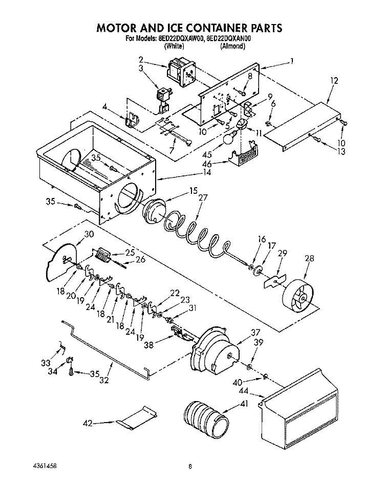 MOTOR AND ICE CONTAINER Diagram and Parts List for 8ED22DQXAN00  Whirlpool Refrigerator