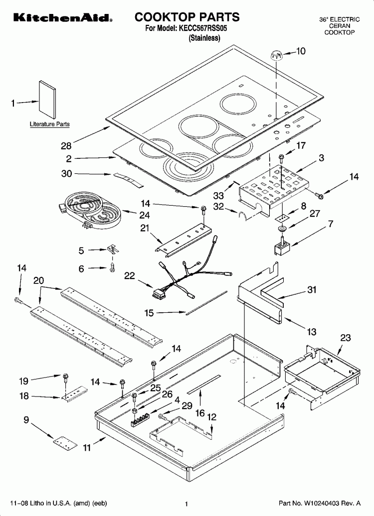 COOKTOP PARTS Diagram and Parts List for KECC567RSS05  KitchenAid Cooktop