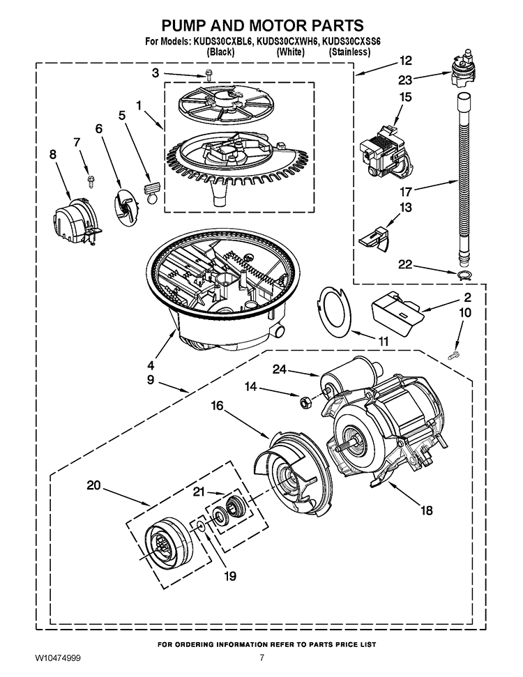 PUMP AND MOTOR PARTS Diagram and Parts List for KUDS30CXBL6  KitchenAid Dishwasher