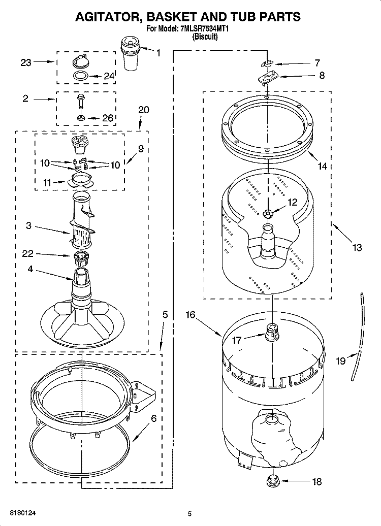 AGITATOR, BASKET AND TUB PARTS Diagram and Parts List for 7MLSR7534MT1  Whirlpool Washer