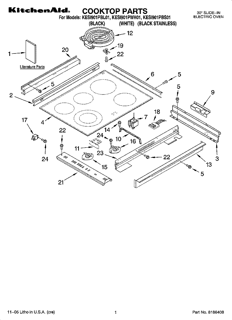 COOKTOP PARTS Diagram and Parts List for KESI901PBL01  KitchenAid Range
