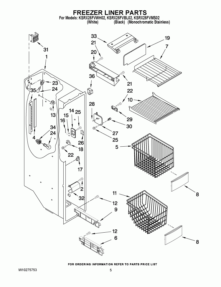 FREEZER LINER PARTS Diagram and Parts List for KSRX25FVMS02  KitchenAid Refrigerator