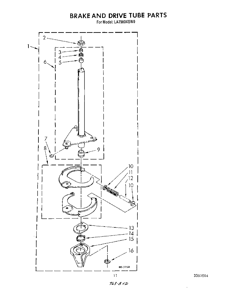 BRAKE AND DRIVE TUBE Diagram and Parts List for LA7980XSW0  Whirlpool Washer