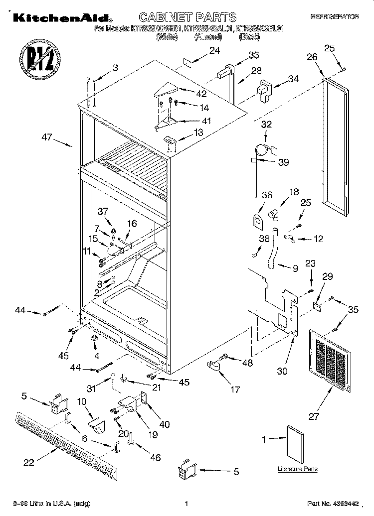 CABINET, LITERATURE Diagram and Parts List for KTRS25KGWH01  KitchenAid Refrigerator