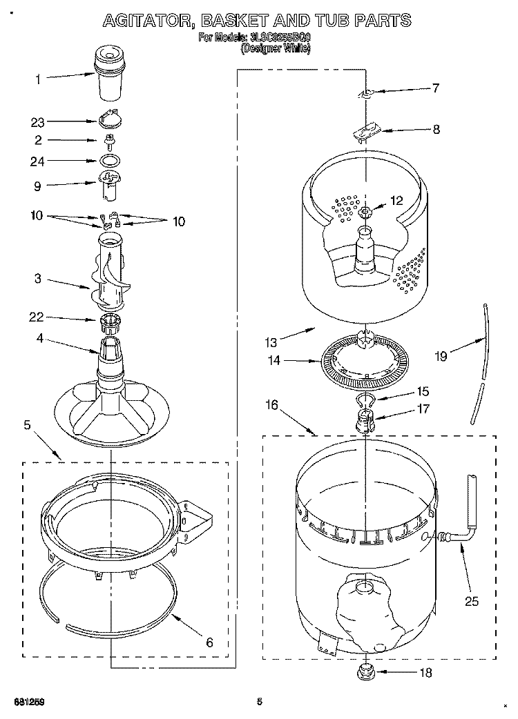 AGITATOR, BASKET AND TUB Diagram and Parts List for 3LSC9255BQ0  Whirlpool Washer