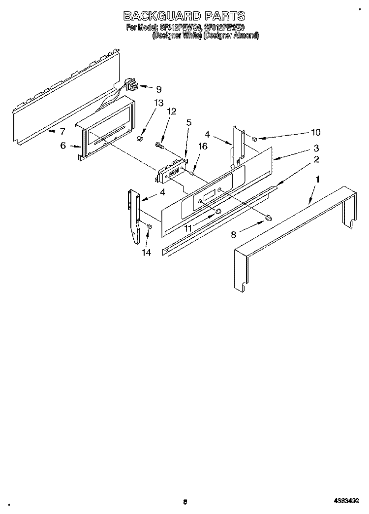 BACKGUARD Diagram and Parts List for SF312PEWZ0  Whirlpool Range