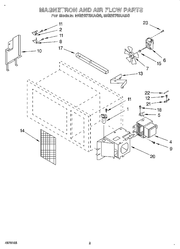 MAGNETRON AND AIRFLOW, LITERATURE Diagram and Parts List for MG2070XAB0  Whirlpool Microwave