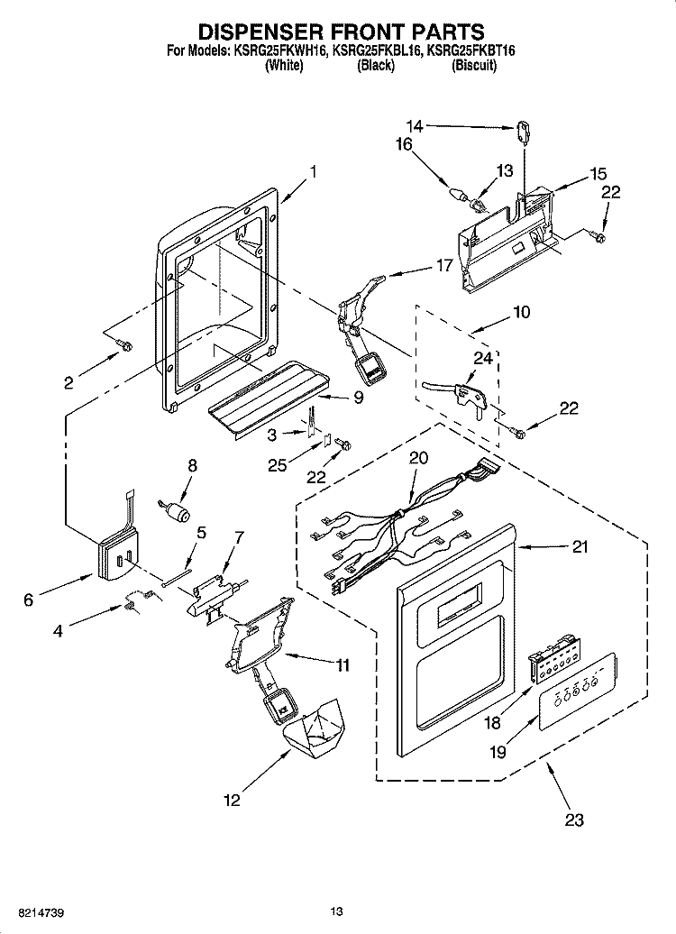 DISPENSER FRONT PARTS Diagram and Parts List for KSRG25FKBT16  KitchenAid Refrigerator