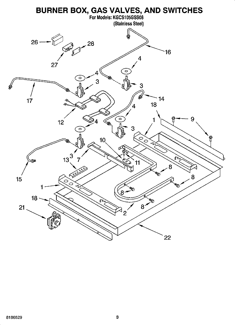 BURNER BOX, GAS VALVES, AND SWITCHES, OPTIONAL PARTS Diagram and Parts List for KGCS105GSS08  KitchenAid Cooktop