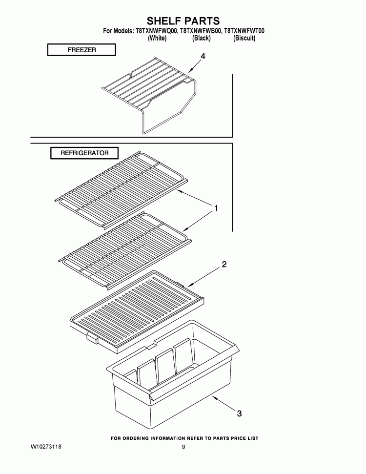 SHELF PARTS Diagram and Parts List for T8TXNWFWB00  Estate Refrigerator