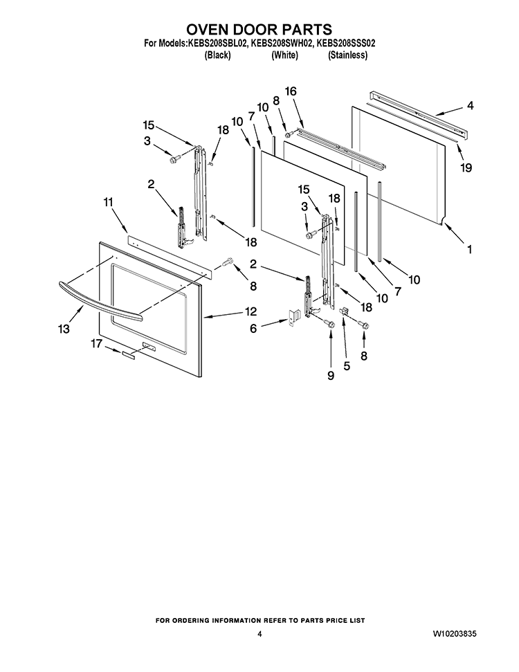 OVEN DOOR PARTS Diagram and Parts List for KEBS208SBL02  KitchenAid Wall Oven