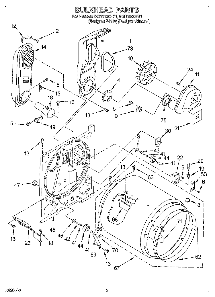 BULKHEAD Diagram and Parts List for GGN2000HZ1  Whirlpool Dryer