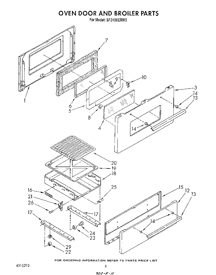 OVEN DOOR AND BROILER Diagram and Parts List for SF3100ERW5  Whirlpool Range