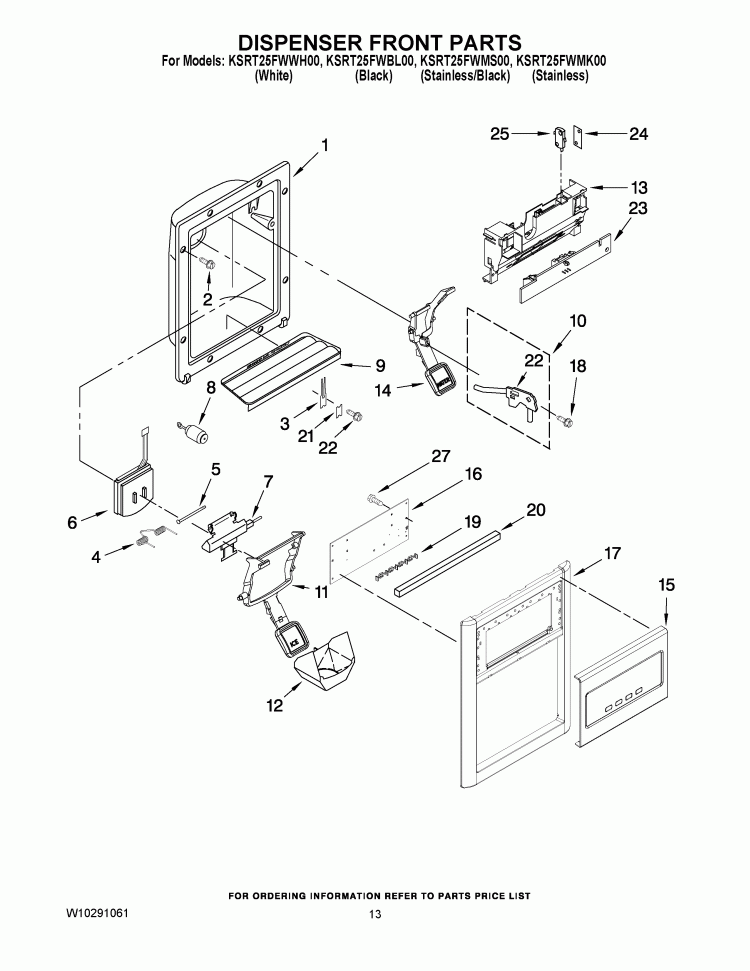 DISPENSER FRONT PARTS Diagram and Parts List for KSRT25FWBL00  KitchenAid Refrigerator