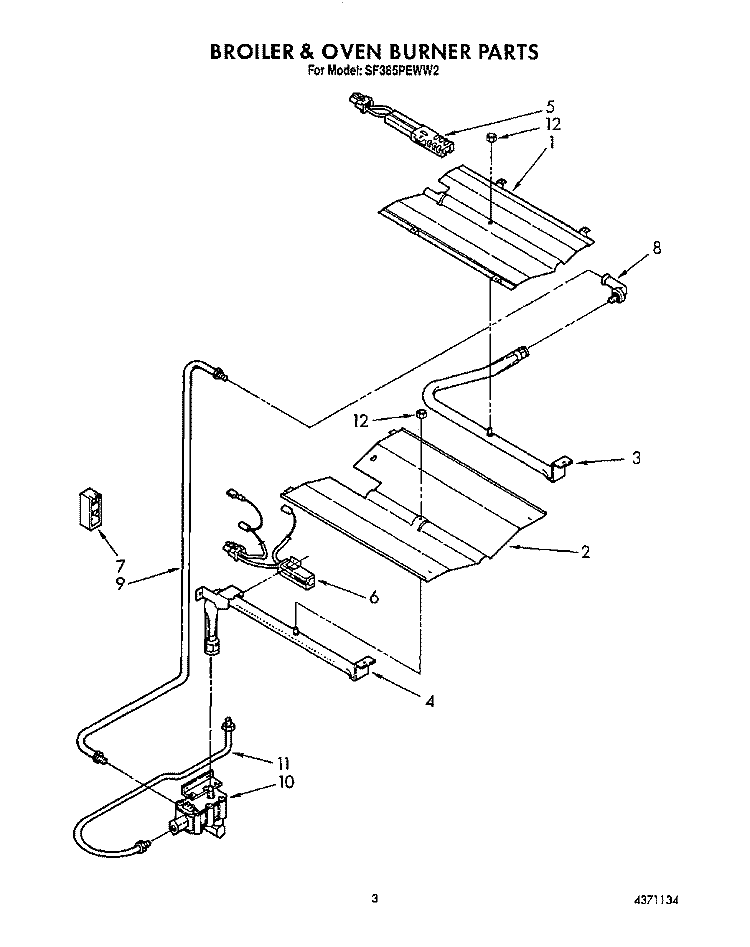 BROILER AND OVEN BURNER Diagram and Parts List for SF385PEWW2  Whirlpool Range