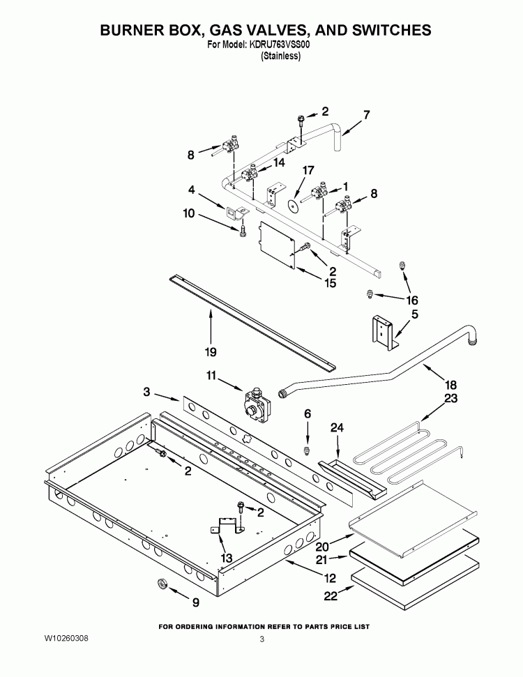BURNER BOX, GAS VALVES, AND SWITCHES Diagram and Parts List for KDRU763VSS00  KitchenAid Range