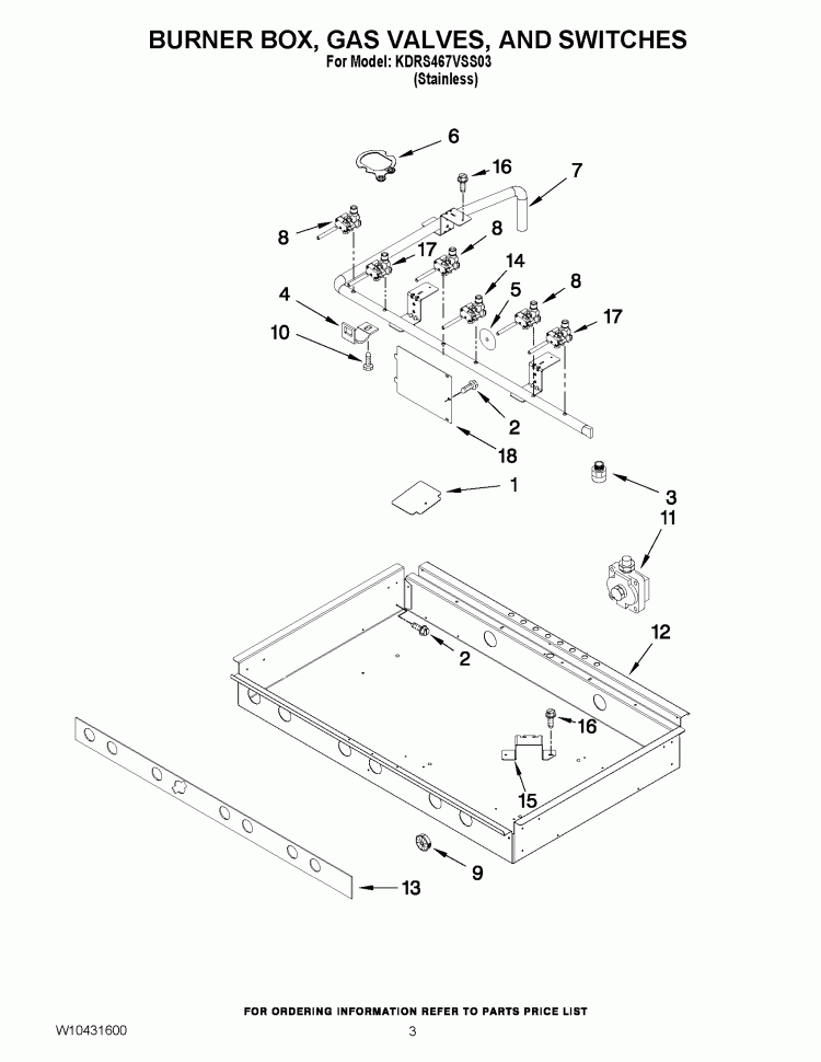 BURNER BOX, GAS VALVES, AND SWITCHES Diagram and Parts List for KDRS467VSS03  KitchenAid Range