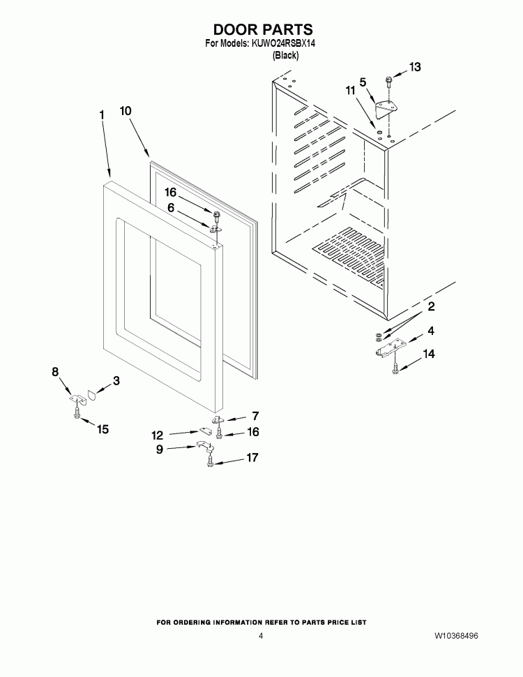 DOOR PARTS Diagram and Parts List for KUWO24RSBX14  KitchenAid Wine and Beverage Cooler