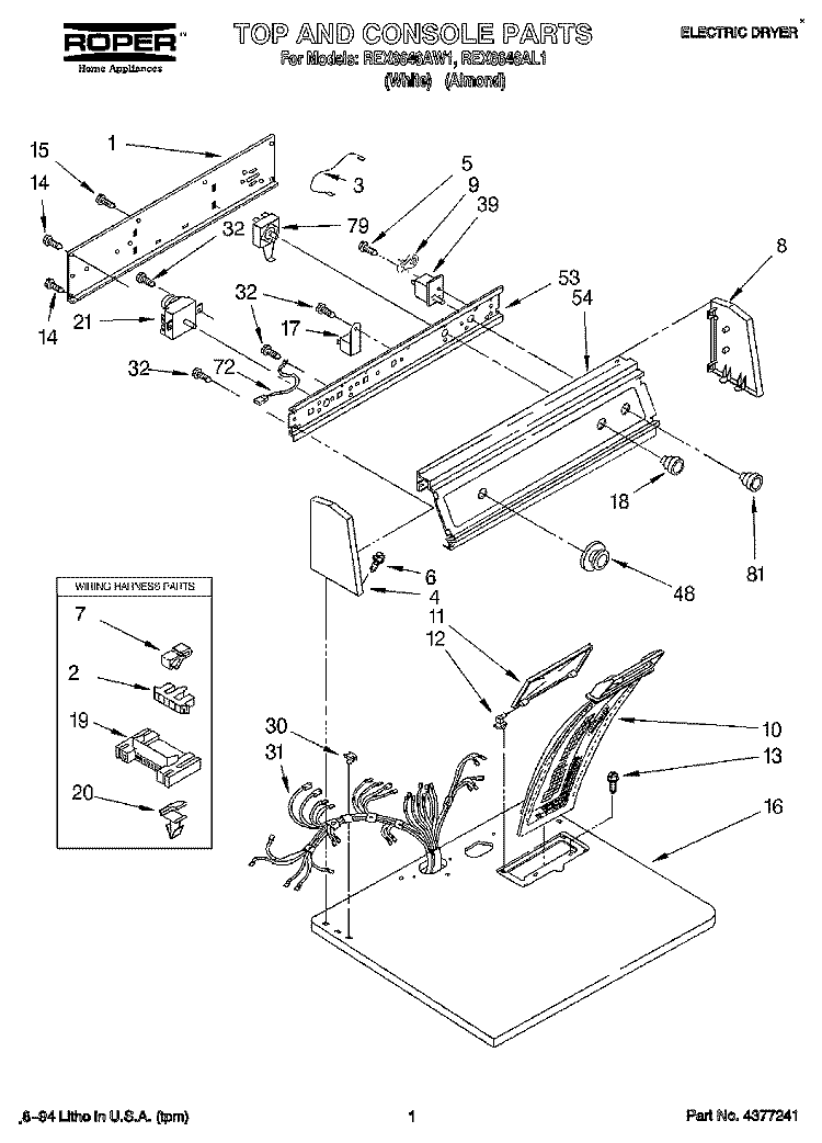 SECTION Diagram and Parts List for REX6646AL1  Roper Dryer