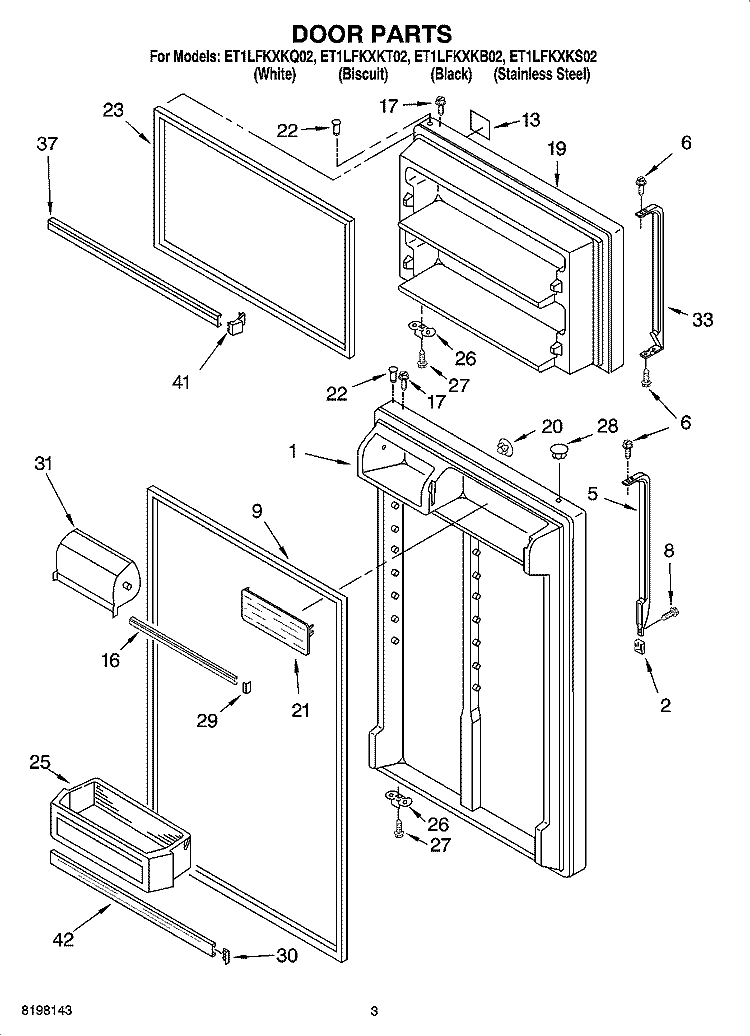 DOOR PARTS Diagram and Parts List for ET1LFKXKQ02  Whirlpool Refrigerator