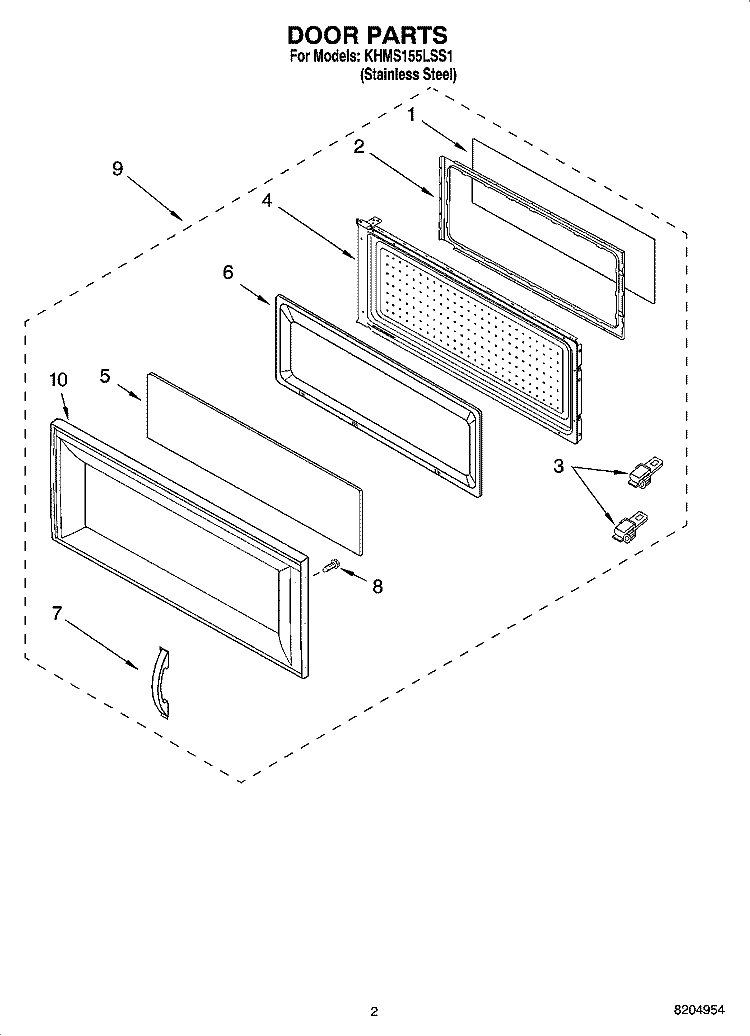 DOOR PARTS Diagram and Parts List for KHMS155LSS1  KitchenAid Microwave