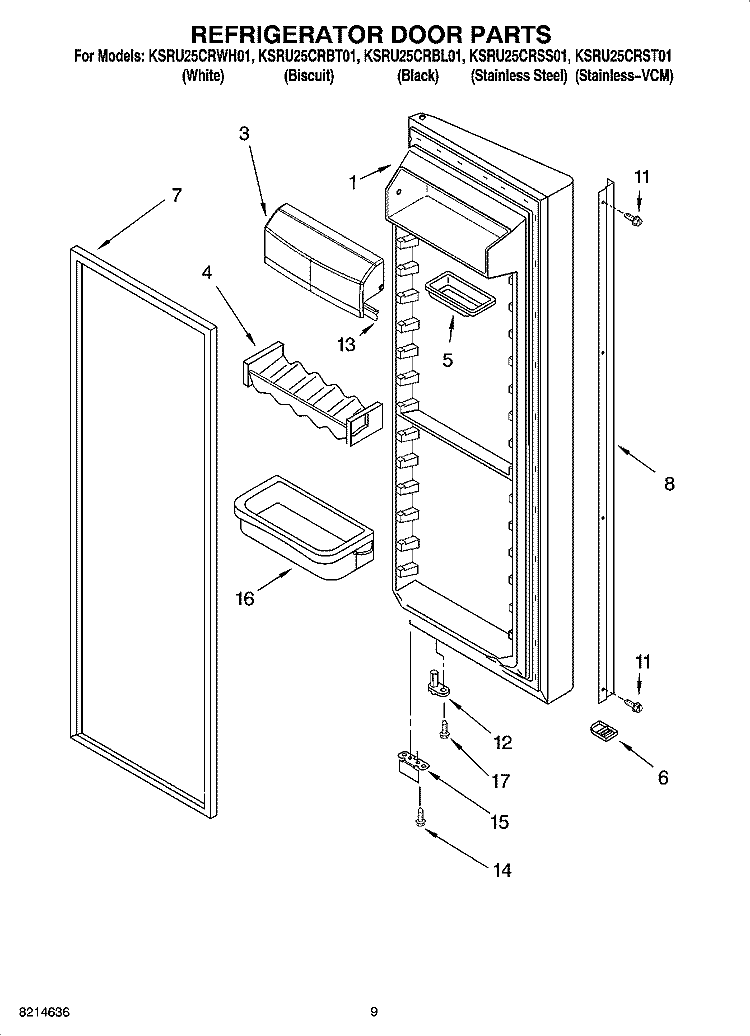 REFRIGERATOR DOOR PARTS Diagram and Parts List for KSRU25CRWH01  KitchenAid Refrigerator