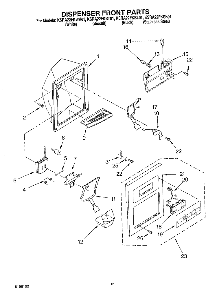 DISPENSER FRONT PARTS Diagram and Parts List for KSRA22FKWH01  KitchenAid Refrigerator