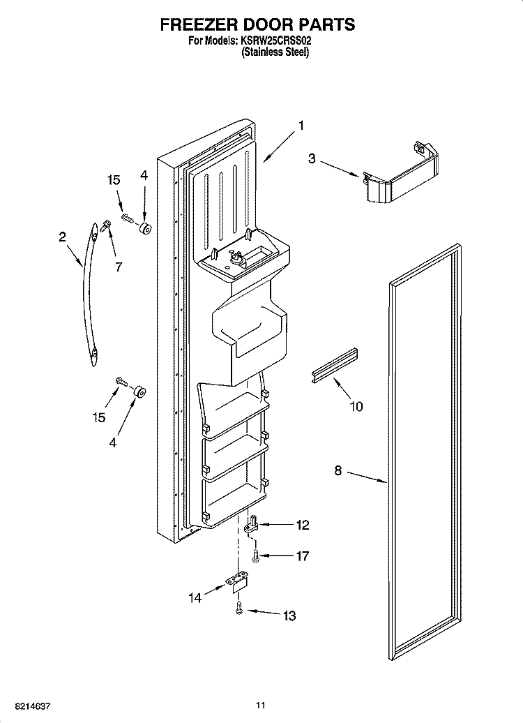 FREEZER DOOR PARTS Diagram and Parts List for KSRW25CRSS02  KitchenAid Refrigerator
