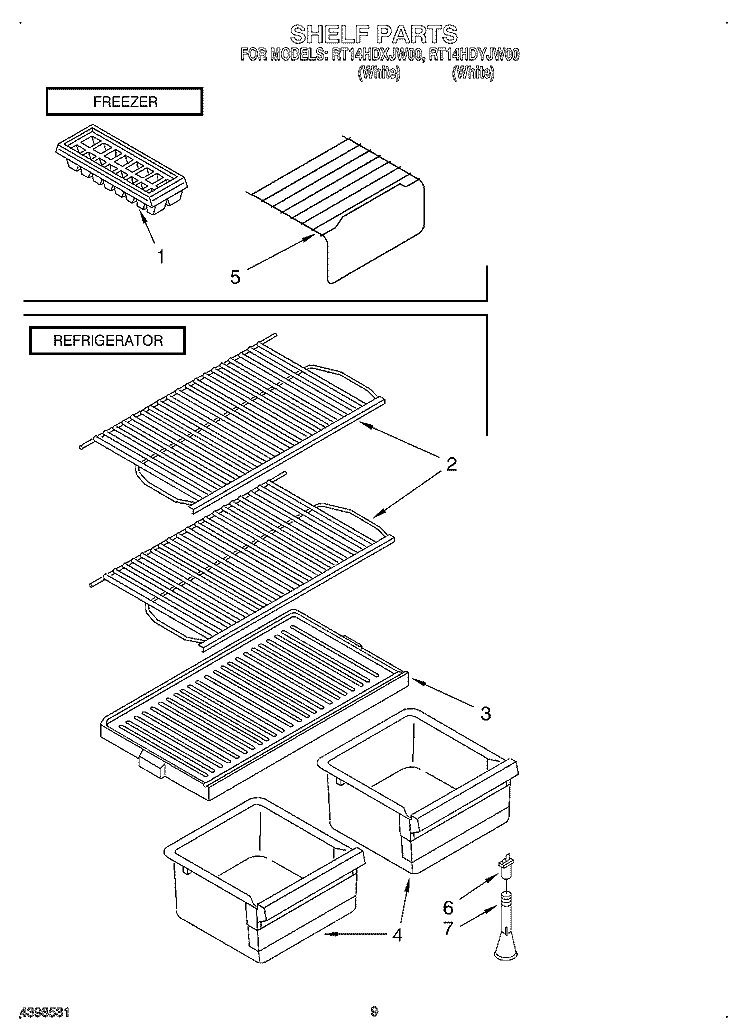 SHELF Diagram and Parts List for RT14HDYJW00  Roper Refrigerator