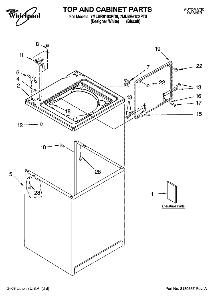 TOP AND CABINET PARTS Diagram and Parts List for 7MLBR6103PQ0  Whirlpool Washer