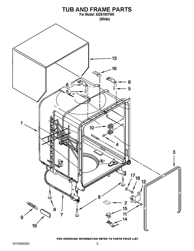 TUB AND FRAME PARTS Diagram and Parts List for IUD6100YW0  Whirlpool Dishwasher
