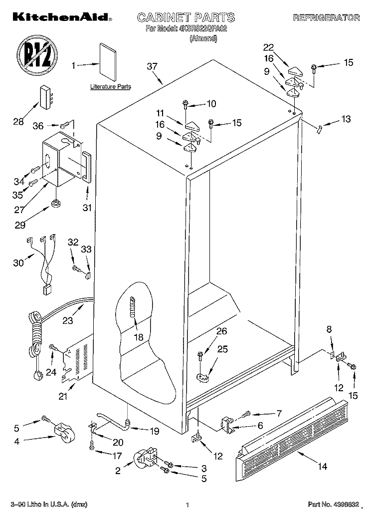CABINET, LITERATURE Diagram and Parts List for 4KSRS22QFA02  KitchenAid Refrigerator