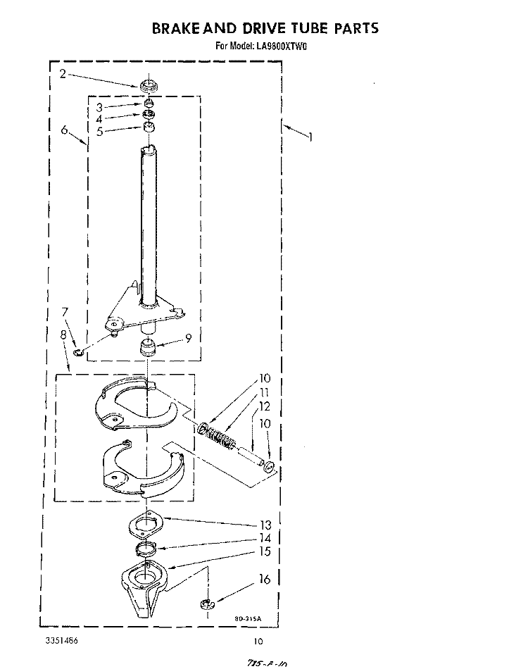 BRAKE AND DRIVE TUBE Diagram and Parts List for LA9800XTN0  Whirlpool Washer