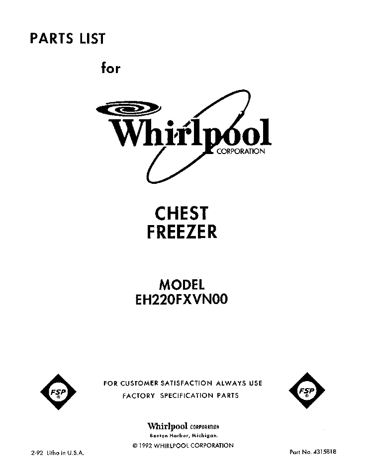 SECTION Diagram and Parts List for EH220FXVN00  Whirlpool Freezer