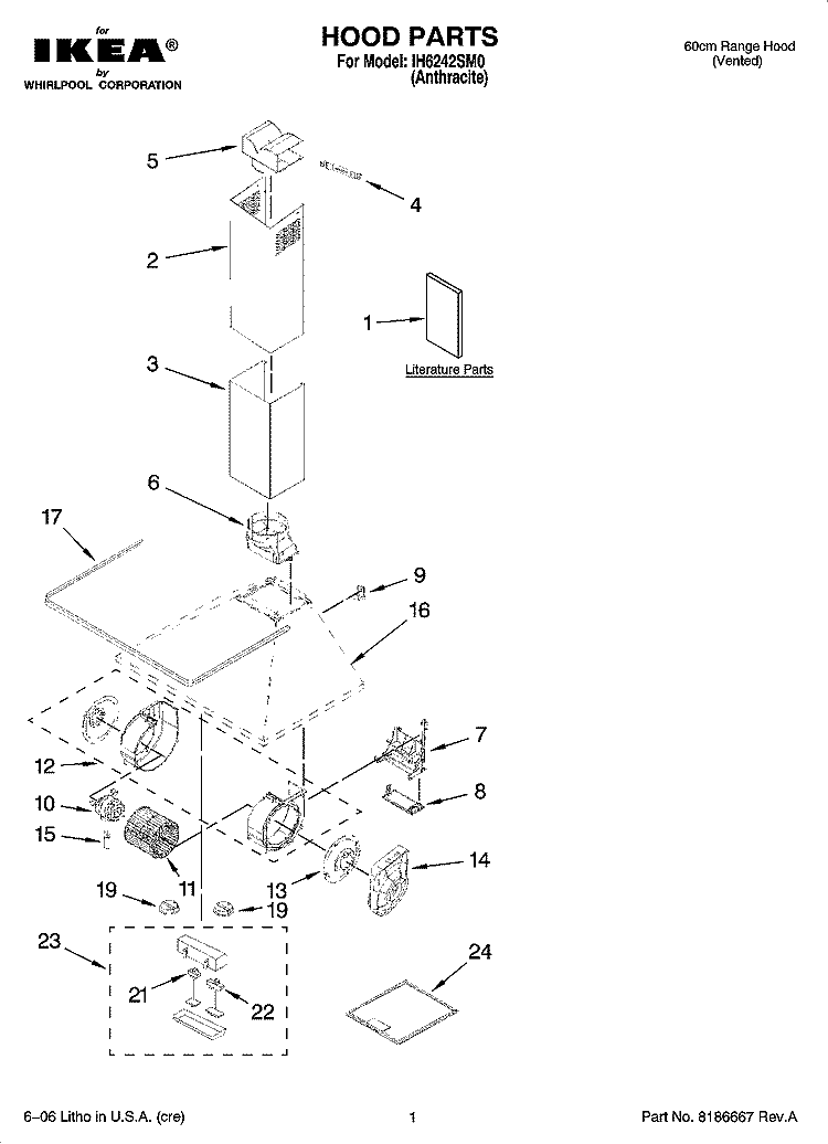 HOOD PARTS Diagram and Parts List for IH6242SM0  Whirlpool Range Hood