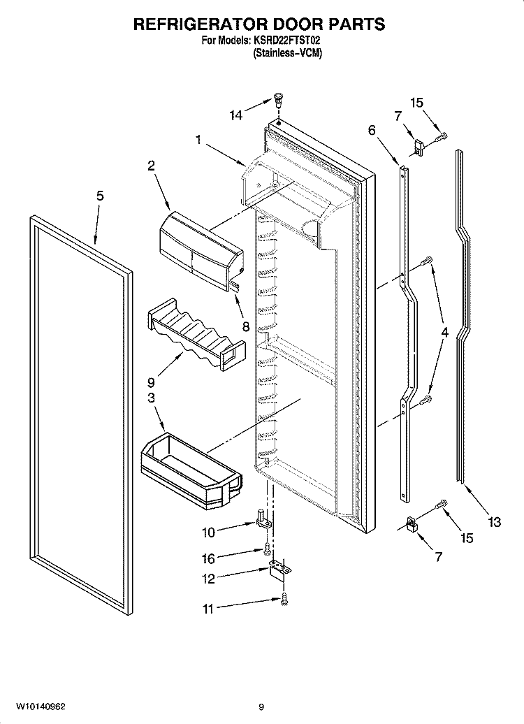 REFRIGERATOR DOOR PARTS Diagram and Parts List for KSRD22FTST02  KitchenAid Refrigerator