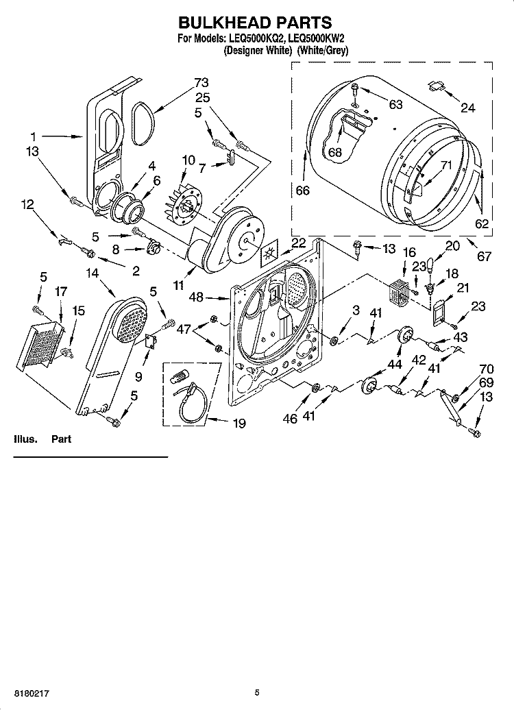 BULKHEAD PARTS Diagram and Parts List for LEQ5000KQ2  Whirlpool Dryer