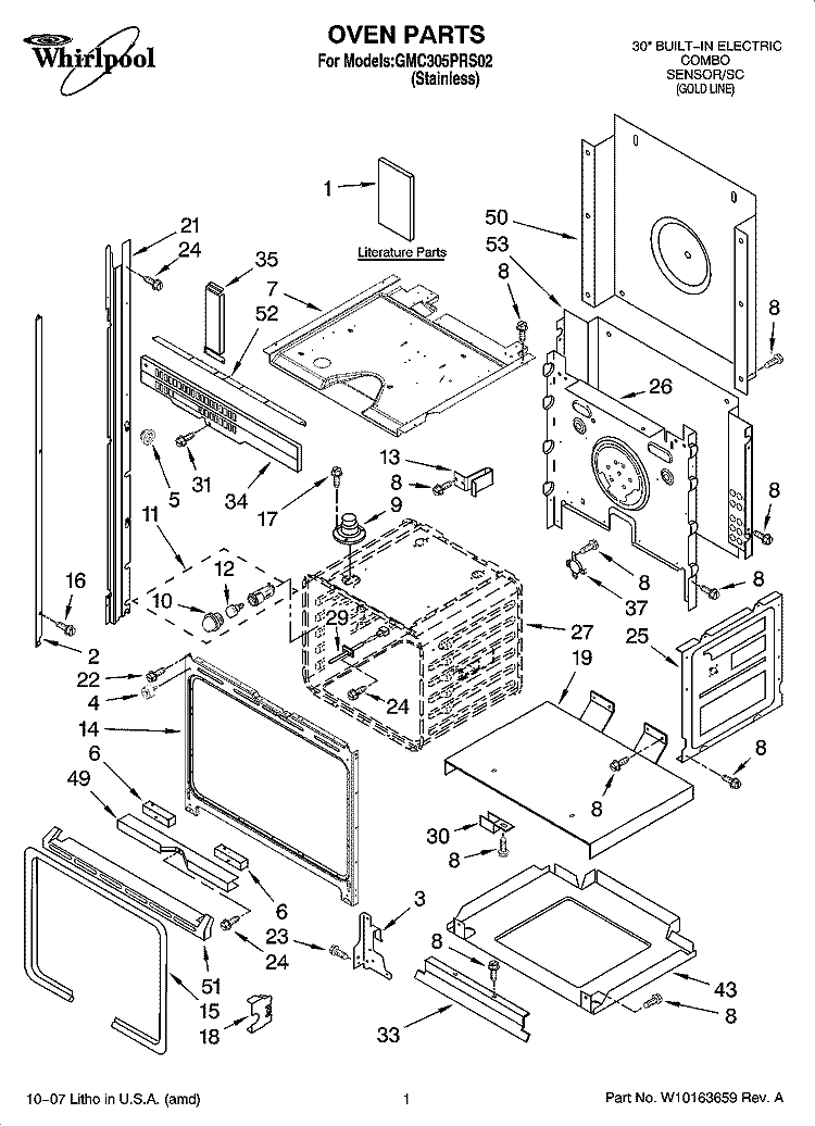 OVEN PARTS Diagram and Parts List for GMC305PRS02  Whirlpool Microwave Oven Combo