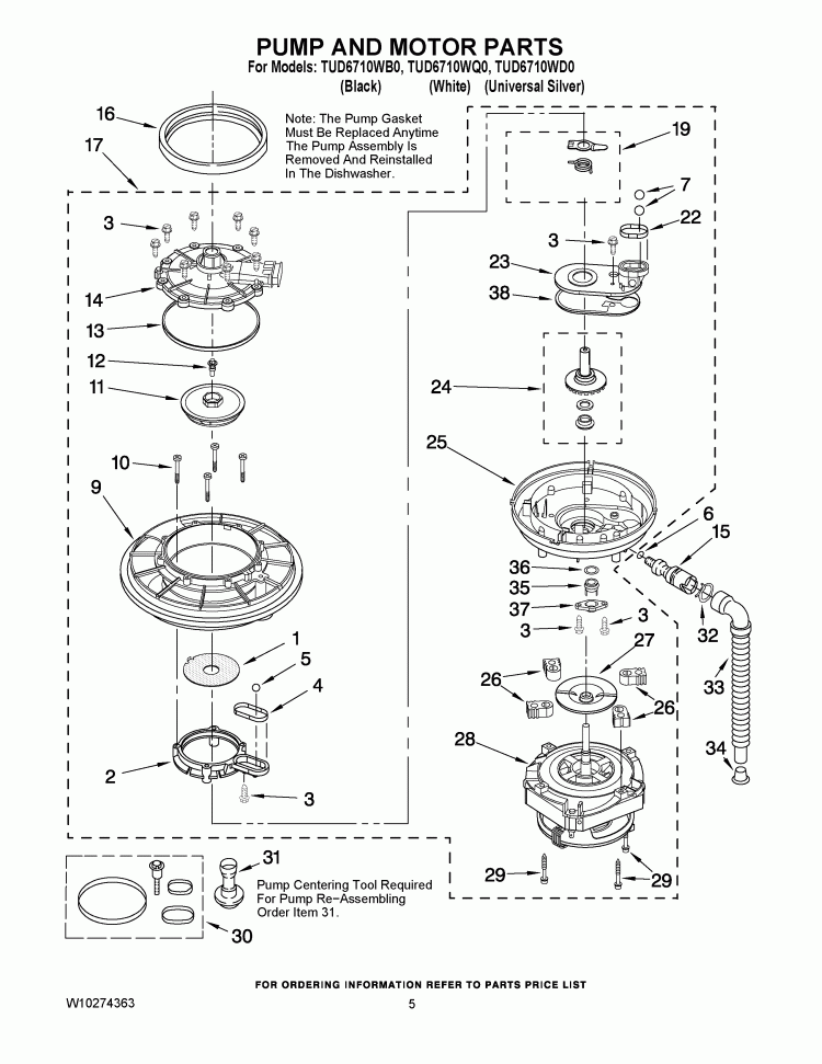 PUMP AND MOTOR PARTS Diagram and Parts List for TUD6710WD0  Estate Dishwasher