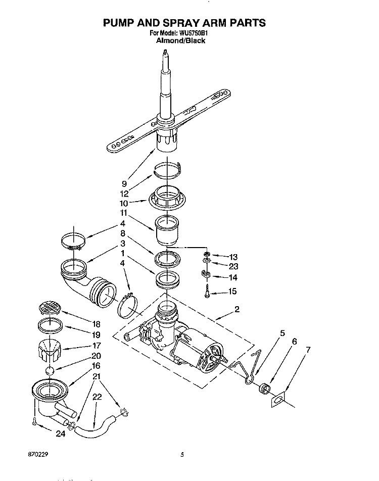 PUMP AND SPRAY ARM Diagram and Parts List for WU5750B1  Roper Dishwasher