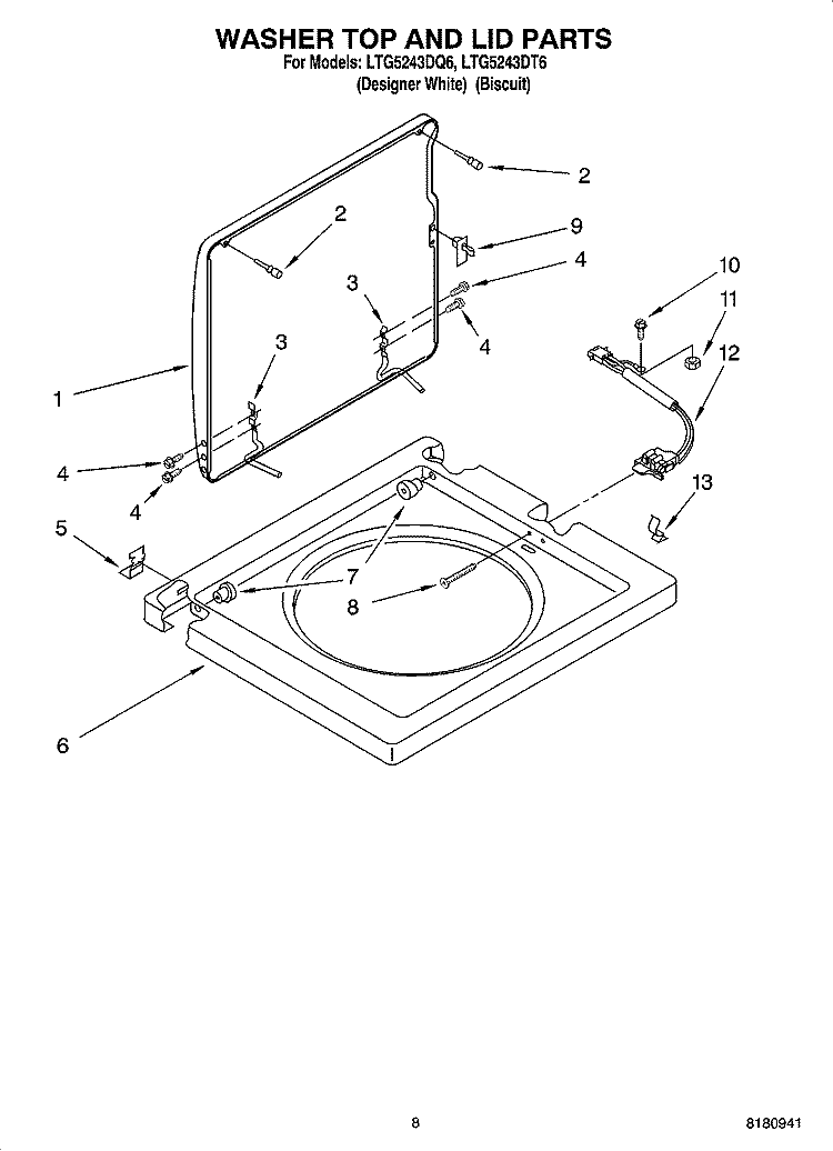 WASHER TOP AND LID PARTS Diagram and Parts List for LTG5243DT6  Whirlpool Washer Dryer Combo