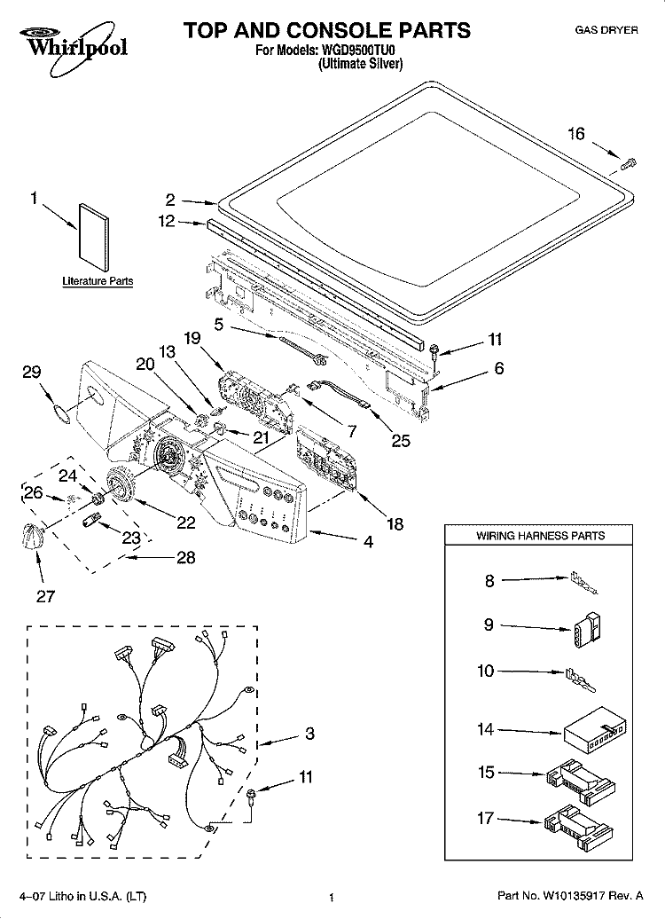 TOP AND CONSOLE PARTS Diagram and Parts List for WGD9500TU0  Whirlpool Dryer