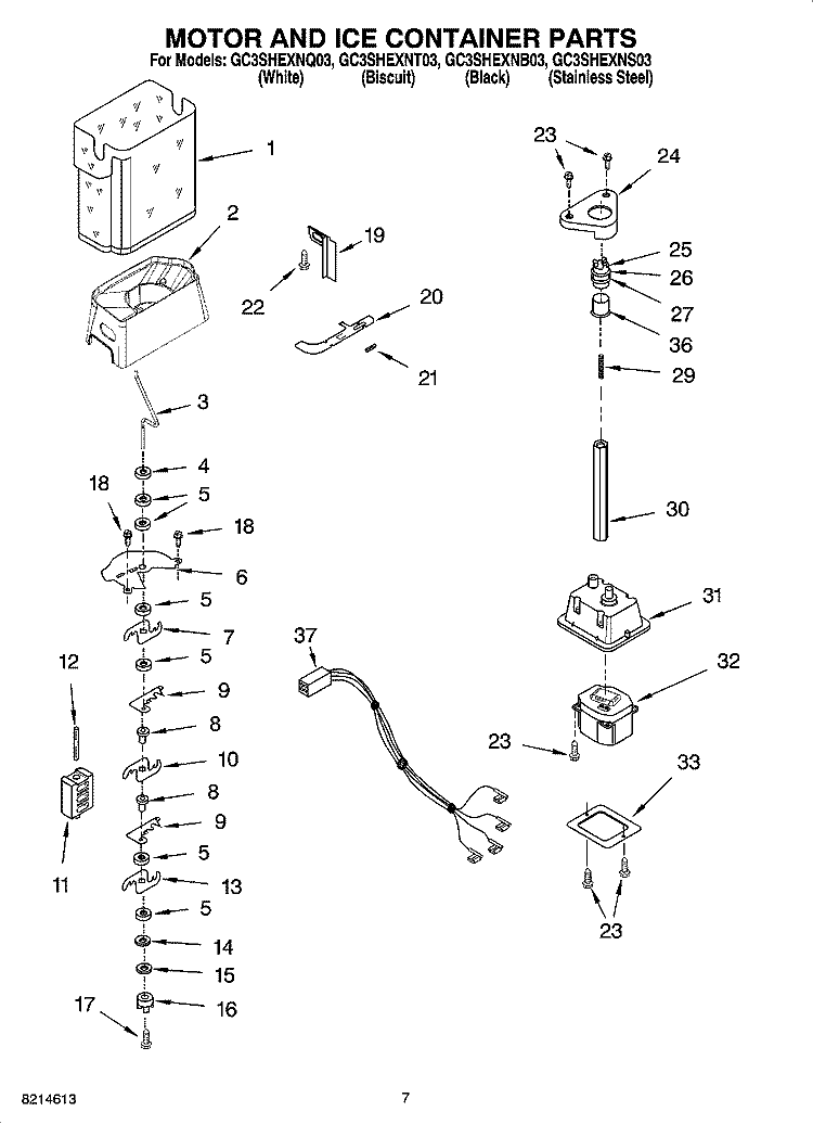MOTOR AND ICE CONTAINER PARTS Diagram and Parts List for GC3SHEXNT03  Whirlpool Refrigerator